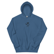Load image into Gallery viewer, Indigo blue unisex hoodie featuring 'Love' embroidered in elegant Arabic calligraphy. Soft, comfortable, and stylish design perfect for everyday wear.