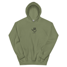Load image into Gallery viewer, Military green unisex hoodie featuring 'Love' embroidered in elegant Arabic calligraphy. Soft, comfortable, and stylish design perfect for everyday wear.