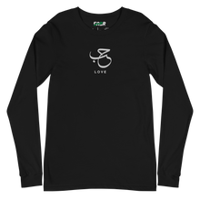 Load image into Gallery viewer, Black unisex long sleeve shirt featuring 'Love' embroidered in elegant Arabic calligraphy. Soft, comfortable, and stylish design perfect for everyday wear.