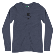 Load image into Gallery viewer, Heather navy unisex long sleeve shirt featuring 'Love' embroidered in elegant Arabic calligraphy. Soft, comfortable, and stylish design perfect for everyday wear.