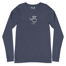 Load image into Gallery viewer, Heather navy unisex long sleeve shirt featuring 'Love' embroidered in elegant Arabic calligraphy. Soft, comfortable, and stylish design perfect for everyday wear.