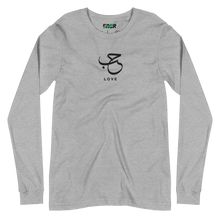 Load image into Gallery viewer, Light grey unisex long sleeve shirt featuring 'Love' embroidered in elegant Arabic calligraphy. Soft, comfortable, and stylish design perfect for everyday wear.