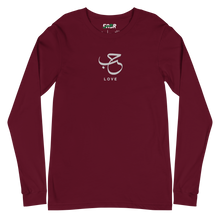 Load image into Gallery viewer, Maroon unisex long sleeve shirt featuring 'Love' embroidered in elegant Arabic calligraphy. Soft, comfortable, and stylish design perfect for everyday wear.
