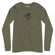 Load image into Gallery viewer, Military green unisex long sleeve shirt featuring 'Love' embroidered in elegant Arabic calligraphy. Soft, comfortable, and stylish design perfect for everyday wear.