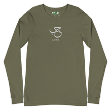 Load image into Gallery viewer, Military green unisex long sleeve shirt featuring 'Love' embroidered in elegant Arabic calligraphy. Soft, comfortable, and stylish design perfect for everyday wear.