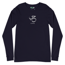 Load image into Gallery viewer, Navy unisex long sleeve shirt featuring 'Love' embroidered in elegant Arabic calligraphy. Soft, comfortable, and stylish design perfect for everyday wear.