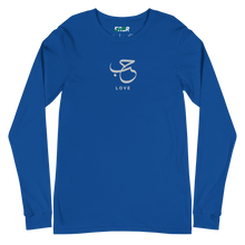 Load image into Gallery viewer, Royal blue unisex long sleeve shirt featuring 'Love' embroidered in elegant Arabic calligraphy. Soft, comfortable, and stylish design perfect for everyday wear.