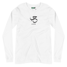 Load image into Gallery viewer, White unisex long sleeve shirt featuring 'Love' embroidered in elegant Arabic calligraphy. Soft, comfortable, and stylish design perfect for everyday wear.