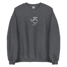 Load image into Gallery viewer, Dark grey unisex sweater featuring ‘Love’ embroidered in elegant Arabic calligraphy. Soft, comfortable, and stylish design perfect for everyday wear.