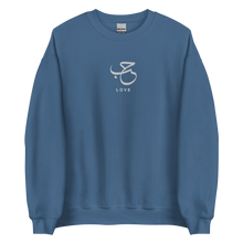 Load image into Gallery viewer, Indigo blue unisex sweater featuring ‘Love’ embroidered in elegant Arabic calligraphy. Soft, comfortable, and stylish design perfect for everyday wear.