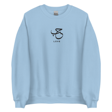 Load image into Gallery viewer, Light blue unisex sweater featuring ‘Love’ embroidered in elegant Arabic calligraphy. Soft, comfortable, and stylish design perfect for everyday wear.