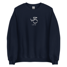 Load image into Gallery viewer, Navy unisex sweater featuring ‘Love’ embroidered in elegant Arabic calligraphy. Soft, comfortable, and stylish design perfect for everyday wear.