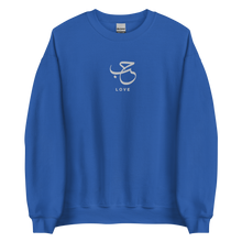 Load image into Gallery viewer, Royal blue unisex sweater featuring ‘Love’ embroidered in elegant Arabic calligraphy. Soft, comfortable, and stylish design perfect for everyday wear.