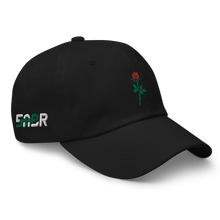 Load image into Gallery viewer, Sabr.Style classic black dad hat featuring the 'Rose of Resistance' design—an embroidered rosebud shaped like a fist, symbolizing strength and defiance. Adjustable strap and curved visor for a comfortable fit.