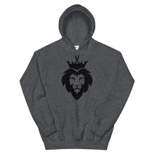 Load image into Gallery viewer, Dark grey unisex hoodie featuring ‘King Asad’ a crowned lion symbolizing strength and Ali ibn Abi Talib's legendary Dhulfiqar sword. Soft, comfortable, and stylish design perfect for everyday wear.