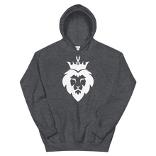 Load image into Gallery viewer, Dark grey unisex hoodie featuring ‘King Asad’ a crowned lion symbolizing strength and Ali ibn Abi Talib's legendary Dhulfiqar sword. Soft, comfortable, and stylish design perfect for everyday wear.