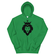 Load image into Gallery viewer, Green unisex hoodie featuring ‘King Asad’ a crowned lion symbolizing strength and Ali ibn Abi Talib's legendary Dhulfiqar sword. Soft, comfortable, and stylish design perfect for everyday wear.