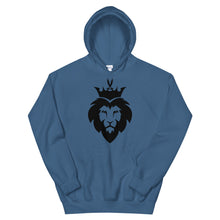 Load image into Gallery viewer, Indigo blue unisex hoodie featuring ‘King Asad’ a crowned lion symbolizing strength and Ali ibn Abi Talib's legendary Dhulfiqar sword. Soft, comfortable, and stylish design perfect for everyday wear.