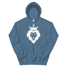 Load image into Gallery viewer, Indigo blue unisex hoodie featuring ‘King Asad’ a crowned lion symbolizing strength and Ali ibn Abi Talib's legendary Dhulfiqar sword. Soft, comfortable, and stylish design perfect for everyday wear.