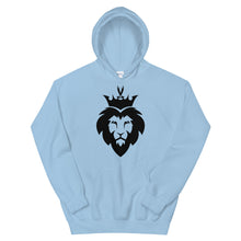 Load image into Gallery viewer, Light blue unisex hoodie featuring ‘King Asad’ a crowned lion symbolizing strength and Ali ibn Abi Talib's legendary Dhulfiqar sword. Soft, comfortable, and stylish design perfect for everyday wear.