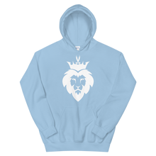 Load image into Gallery viewer, Light blue unisex hoodie featuring ‘King Asad’ a crowned lion symbolizing strength and Ali ibn Abi Talib's legendary Dhulfiqar sword. Soft, comfortable, and stylish design perfect for everyday wear.