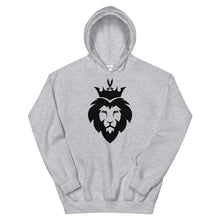 Load image into Gallery viewer, Sport grey unisex hoodie featuring ‘King Asad’ a crowned lion symbolizing strength and Ali ibn Abi Talib's legendary Dhulfiqar sword. Soft, comfortable, and stylish design perfect for everyday wear.