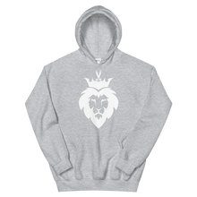 Load image into Gallery viewer, Sport grey unisex hoodie featuring ‘King Asad’ a crowned lion symbolizing strength and Ali ibn Abi Talib's legendary Dhulfiqar sword. Soft, comfortable, and stylish design perfect for everyday wear.
