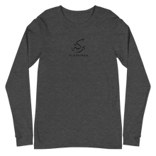 Load image into Gallery viewer, Dark grey heather unisex long sleeve shirt featuring 'Blessings' embroidered in elegant Arabic calligraphy. Soft, comfortable, and stylish design perfect for everyday wear.