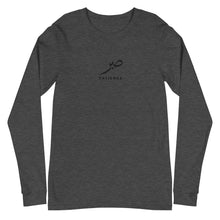 Load image into Gallery viewer, Dark grey heather unisex long sleeve shirt featuring ‘Patience’ embroidered in elegant Arabic calligraphy. Soft, comfortable, and stylish design perfect for everyday wear.
