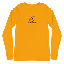 Load image into Gallery viewer, Gold unisex long sleeve shirt featuring 'Blessings' embroidered in elegant Arabic calligraphy. Soft, comfortable, and stylish design perfect for everyday wear.