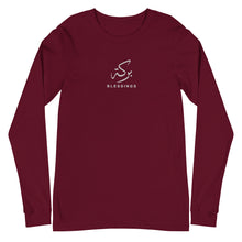 Load image into Gallery viewer, Maroon unisex long sleeve shirt featuring 'Blessings' embroidered in elegant Arabic calligraphy. Soft, comfortable, and stylish design perfect for everyday wear.