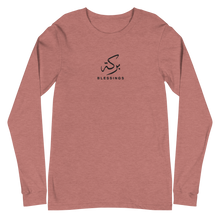 Load image into Gallery viewer, Mauve unisex long sleeve shirt featuring 'Blessings' embroidered in elegant Arabic calligraphy. Soft, comfortable, and stylish design perfect for everyday wear.