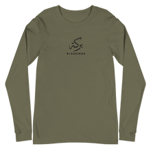 Load image into Gallery viewer, Military green unisex long sleeve shirt featuring 'Blessings' embroidered in elegant Arabic calligraphy. Soft, comfortable, and stylish design perfect for everyday wear.
