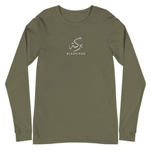 Load image into Gallery viewer, Military green unisex long sleeve shirt featuring 'Blessings' embroidered in elegant Arabic calligraphy. Soft, comfortable, and stylish design perfect for everyday wear.