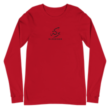 Load image into Gallery viewer, Red unisex long sleeve shirt featuring 'Blessings' embroidered in elegant Arabic calligraphy. Soft, comfortable, and stylish design perfect for everyday wear.