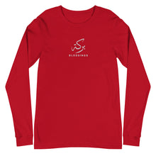 Load image into Gallery viewer, Red unisex long sleeve shirt featuring 'Blessings' embroidered in elegant Arabic calligraphy. Soft, comfortable, and stylish design perfect for everyday wear.