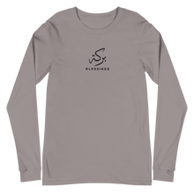 Load image into Gallery viewer, Storm light grey unisex long sleeve shirt featuring 'Blessings' embroidered in elegant Arabic calligraphy. Soft, comfortable, and stylish design perfect for everyday wear.