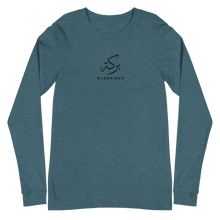 Load image into Gallery viewer, Teal unisex long sleeve shirt featuring 'Blessings' embroidered in elegant Arabic calligraphy. Soft, comfortable, and stylish design perfect for everyday wear.