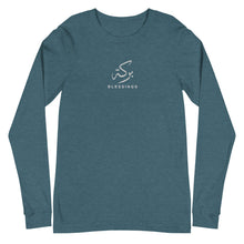 Load image into Gallery viewer, Teal unisex long sleeve shirt featuring 'Blessings' embroidered in elegant Arabic calligraphy. Soft, comfortable, and stylish design perfect for everyday wear.