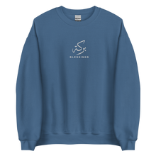 Load image into Gallery viewer, Indigo blue unisex sweater featuring ‘Blessings’ embroidered in elegant Arabic calligraphy. Soft, comfortable, and stylish design perfect for everyday wear.