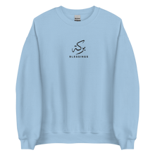 Load image into Gallery viewer, Light blue unisex sweater featuring ‘Blessings’ embroidered in elegant Arabic calligraphy. Soft, comfortable, and stylish design perfect for everyday wear.