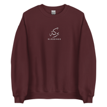 Load image into Gallery viewer, Maroon unisex sweater featuring ‘Blessings’ embroidered in elegant Arabic calligraphy. Soft, comfortable, and stylish design perfect for everyday wear.