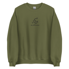 Load image into Gallery viewer, Military green unisex sweater featuring ‘Blessings’ embroidered in elegant Arabic calligraphy. Soft, comfortable, and stylish design perfect for everyday wear.
