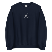Load image into Gallery viewer, Navy unisex sweater featuring ‘Blessings’ embroidered in elegant Arabic calligraphy. Soft, comfortable, and stylish design perfect for everyday wear.