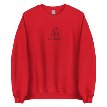 Load image into Gallery viewer, Red unisex sweater featuring ‘Blessings’ embroidered in elegant Arabic calligraphy. Soft, comfortable, and stylish design perfect for everyday wear.
