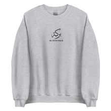 Load image into Gallery viewer, Sport grey unisex sweater featuring ‘Blessings’ embroidered in elegant Arabic calligraphy. Soft, comfortable, and stylish design perfect for everyday wear.