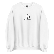 Load image into Gallery viewer, White unisex sweater featuring ‘Blessings’ embroidered in elegant Arabic calligraphy. Soft, comfortable, and stylish design perfect for everyday wear.