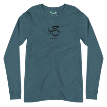 Load image into Gallery viewer, Teal unisex long sleeve shirt featuring &#39;Love&#39; embroidered in elegant Arabic calligraphy. Soft, comfortable, and stylish design perfect for everyday wear.
