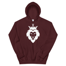 Load image into Gallery viewer, King Asad design; the lion with zulfiqar sword crown light design on a maroon hoodie
