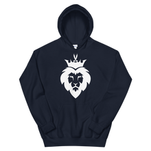 Load image into Gallery viewer, King Asad design; the lion with zulfiqar sword crown light design on a navy  hoodie
